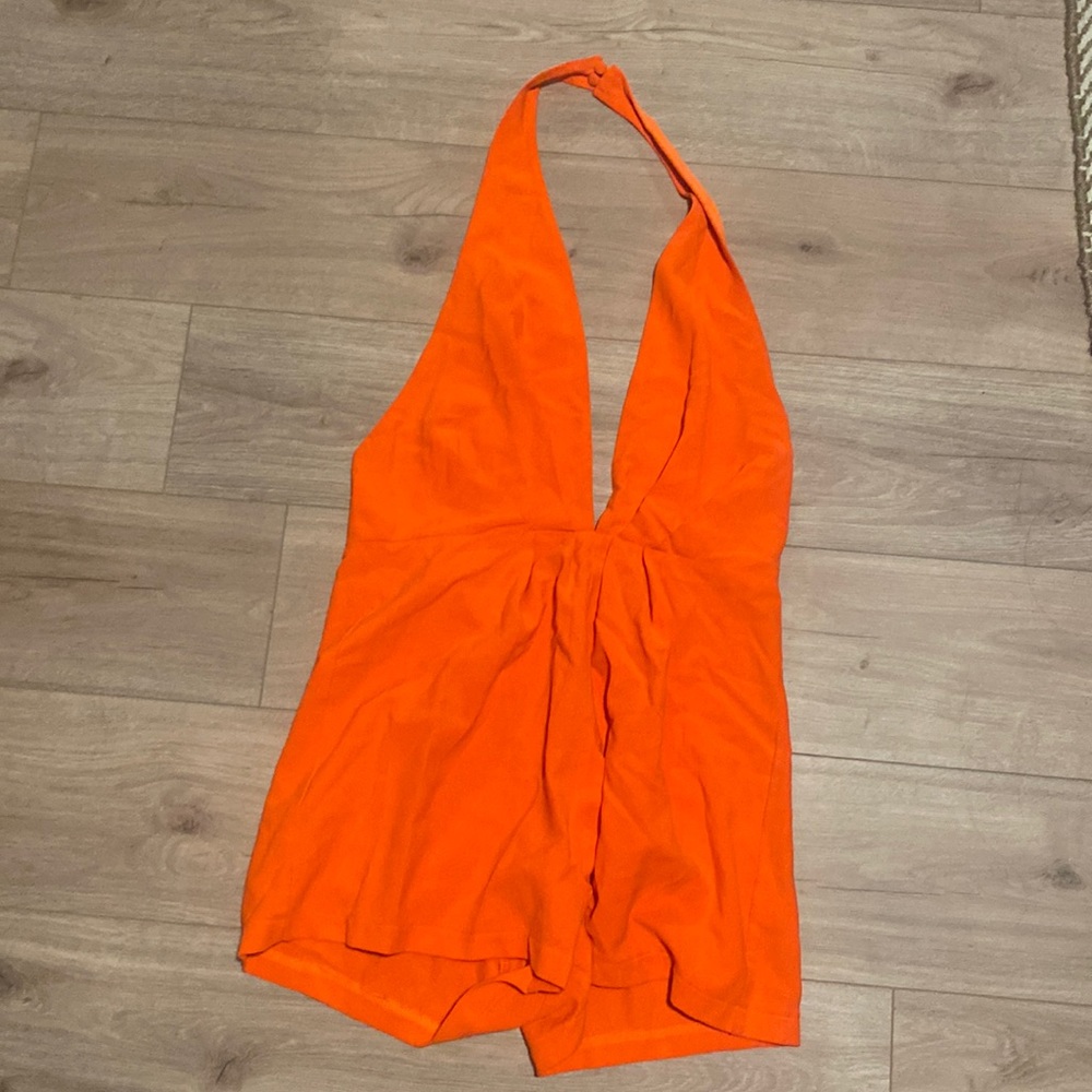 Neon Orange Sexy Plunging Halter Romper